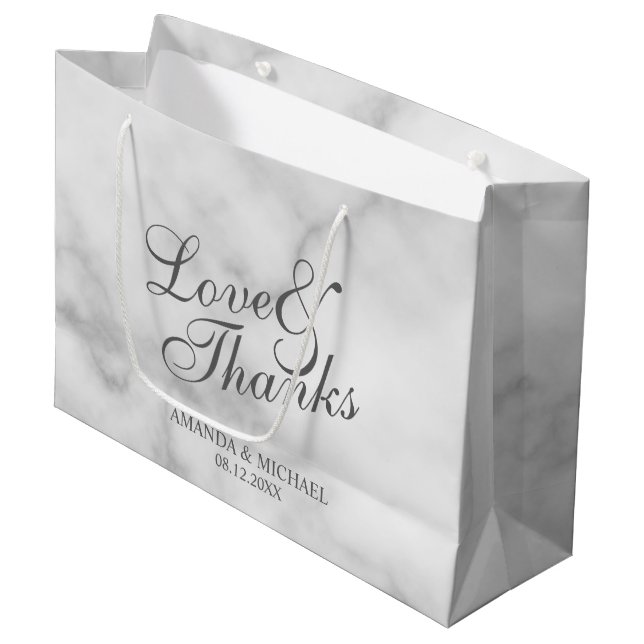 Love & Thanks Classy Elegant Marble Wedding Favour Large Gift Bag (Front Angled)