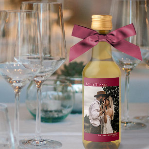 Love & Thanks Cranberry Red Wedding Photo Mini Wine Label
