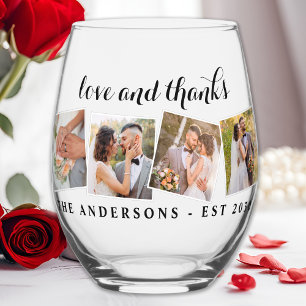 Love & Thanks Custom Photo Collage Modern Wedding  Stemless Wine Glass