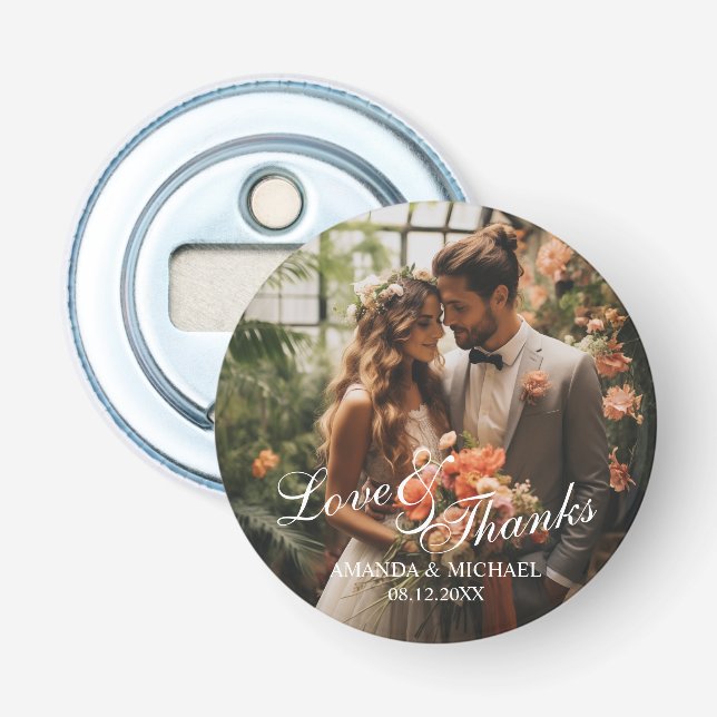 'Love & Thanks' Custom Photo Wedding Favour Bottle Opener (Front)