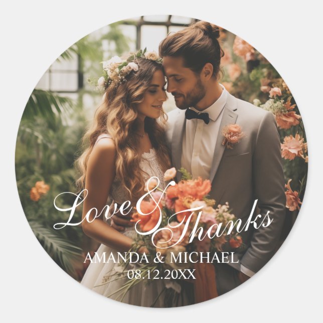 'Love & Thanks' Custom Photo Wedding Favour Classic Round Sticker (Front)