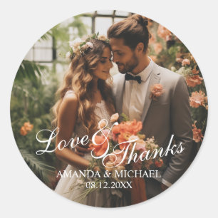 'Love & Thanks' Custom Photo Wedding Favour Classic Round Sticker