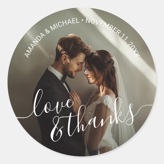 'Love & Thanks' Custom Photo Wedding Favour Classic Round Sticker (Front)