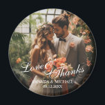 'Love & Thanks' Custom Photo Wedding Favour Magnet<br><div class="desc">A stylish and elegant wedding favour design with the words "Love & Thanks" in a beautiful white script font. It includes space for a custom photo,  names,  and the wedding date in a classic white font. A perfect way to add a personal touch to your special day!</div>