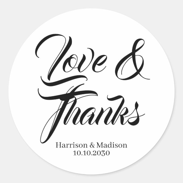 Love & Thanks custom script wedding favours  Classic Round Sticker (Front)