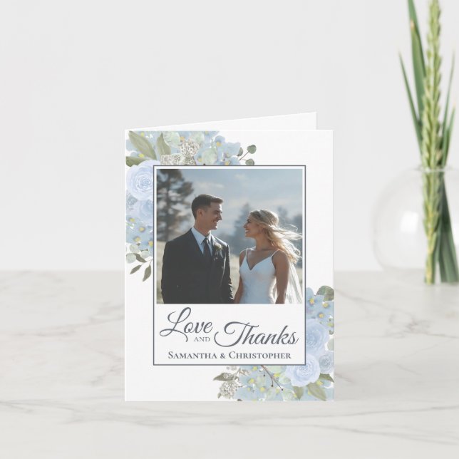 Love & Thanks Dusty Blue Roses Wedding Photo  Thank You Card (Front)