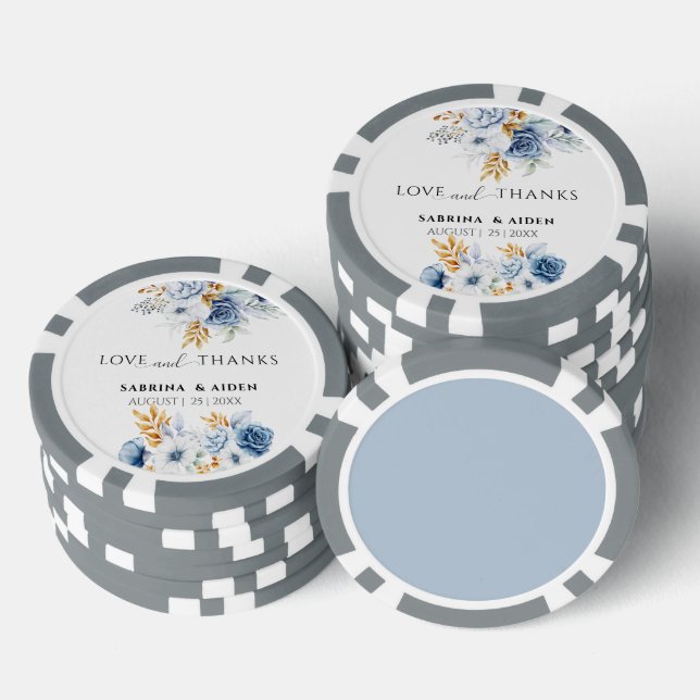 Love & Thanks Dusty Blue White Gold Floral Wedding Poker Chips (Stack)