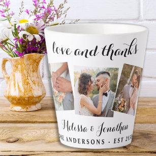 Love & Thanks Elegant 3 Photo Bride Groom Wedding Latte Mug