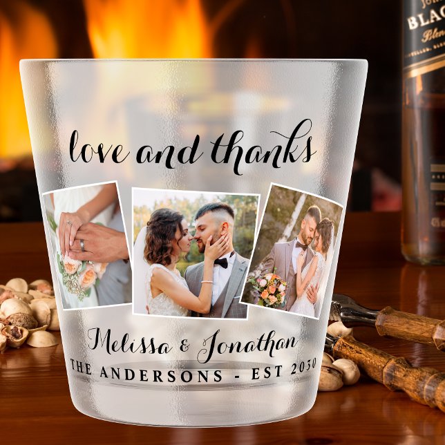 Love & Thanks Elegant 3 Photo Bride Groom Wedding Shot Glass (Creator Uploaded)