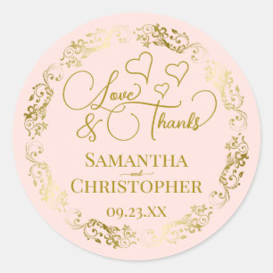 Love & Thanks Elegant Blush Pink & Gold Wedding Classic Round Sticker