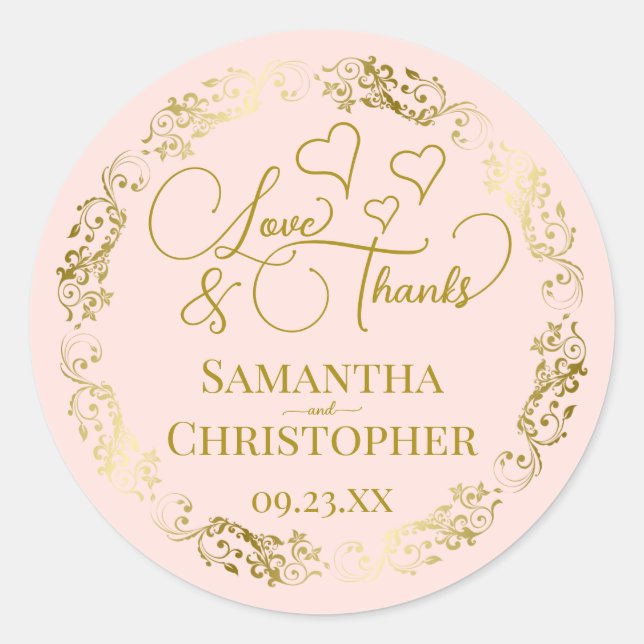Love & Thanks Elegant Blush Pink & Gold Wedding Classic Round Sticker (Front)