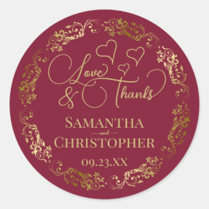 Love & Thanks Elegant Burgundy & Gold Wedding Classic Round Sticker