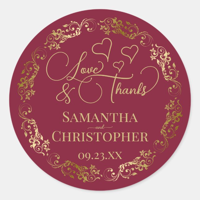 Love & Thanks Elegant Burgundy & Gold Wedding Classic Round Sticker (Front)