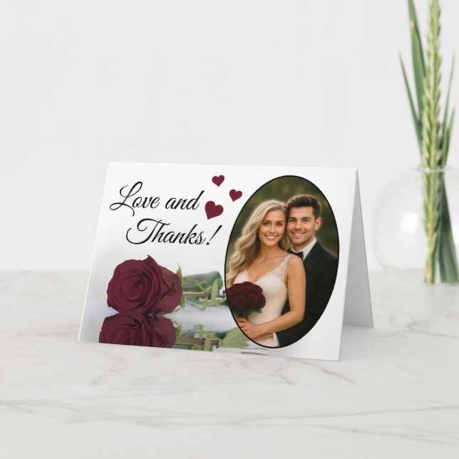 Love & Thanks Elegant Burgundy Rose Wedding Thank You Card (Front)