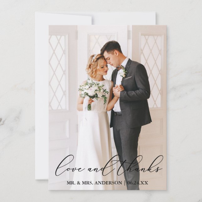 Love Thanks Elegant Calligraphy Wedding Photo Thank You Card (Front)