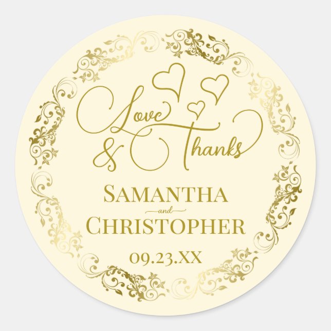 Love & Thanks Elegant Gold & Cream Wedding Classic Round Sticker (Front)