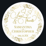 Love & Thanks Elegant Gold & White Wedding Favour Classic Round Sticker<br><div class="desc">These beautiful stickers are designed to use as wedding favour tags, or as envelope seals for your wedding thank you cards. The elegant design features an ornate lacy golden border with fancy script lettering reading "Love & Thanks!" There are romantic hearts scattered about with room for the names of the...</div>