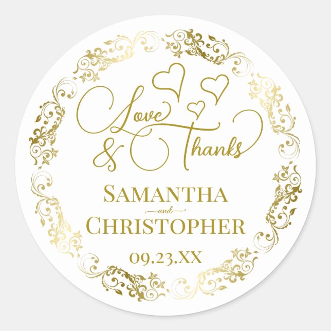 Love & Thanks Elegant Gold & White Wedding Favour Classic Round Sticker (Front)