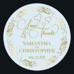 Love & Thanks Elegant Light Blue & Gold Wedding Classic Round Sticker<br><div class="desc">These beautiful pale powder blue coloured stickers are designed to use as wedding favour tags, or as envelope seals for your wedding thank you cards. The elegant design features an ornate lacy golden border with fancy script lettering reading "Love & Thanks!" There are romantic hearts scattered about with room for...</div>