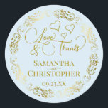 Love & Thanks Elegant Light Blue & Gold Wedding Classic Round Sticker<br><div class="desc">These beautiful pale powder blue coloured stickers are designed to use as wedding favour tags, or as envelope seals for your wedding thank you cards. The elegant design features an ornate lacy golden border with fancy script lettering reading "Love & Thanks!" There are romantic hearts scattered about with room for...</div>