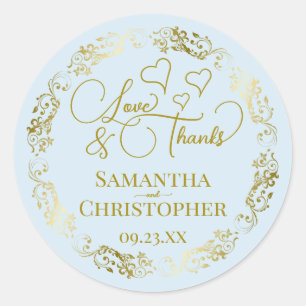 Love & Thanks Elegant Light Blue & Gold Wedding Classic Round Sticker