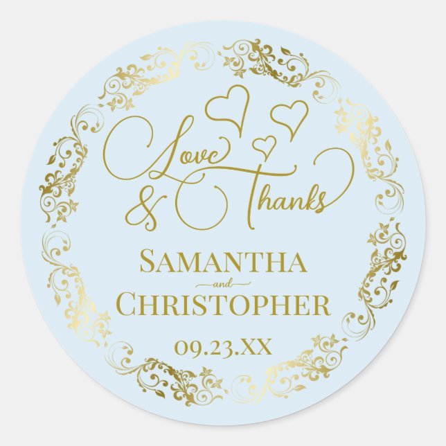 Love & Thanks Elegant Light Blue & Gold Wedding Classic Round Sticker (Front)