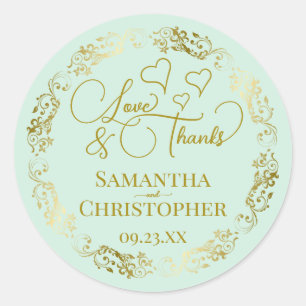 Love & Thanks Elegant Mint Green & Gold Wedding Classic Round Sticker