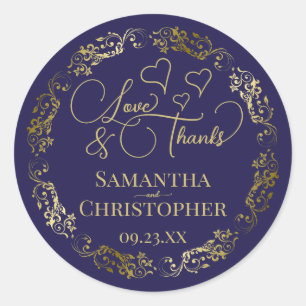 Love & Thanks Elegant Navy Blue & Gold Wedding Classic Round Sticker