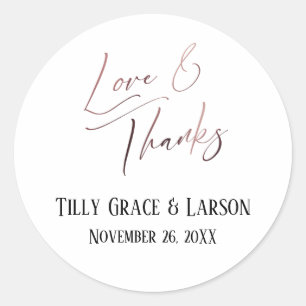 Love & Thanks Elegant Rose Gold Handwriting Classic Round Sticker
