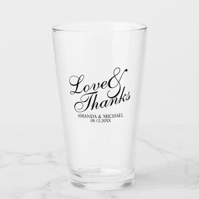 'Love & Thanks' Elegant Script Wedding Favour Glass (Front)
