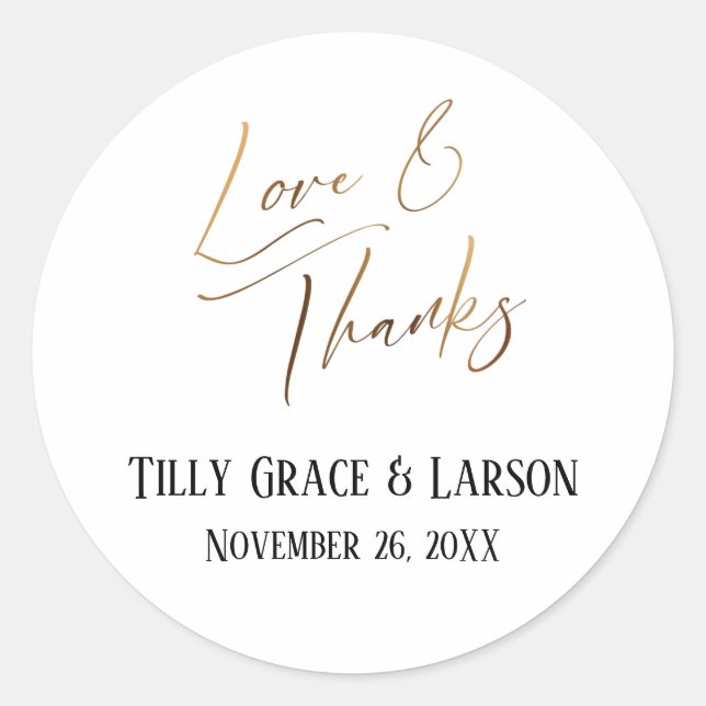 Love & Thanks Elegant Smooth Faux Gold Handwriting Classic Round Sticker (Front)