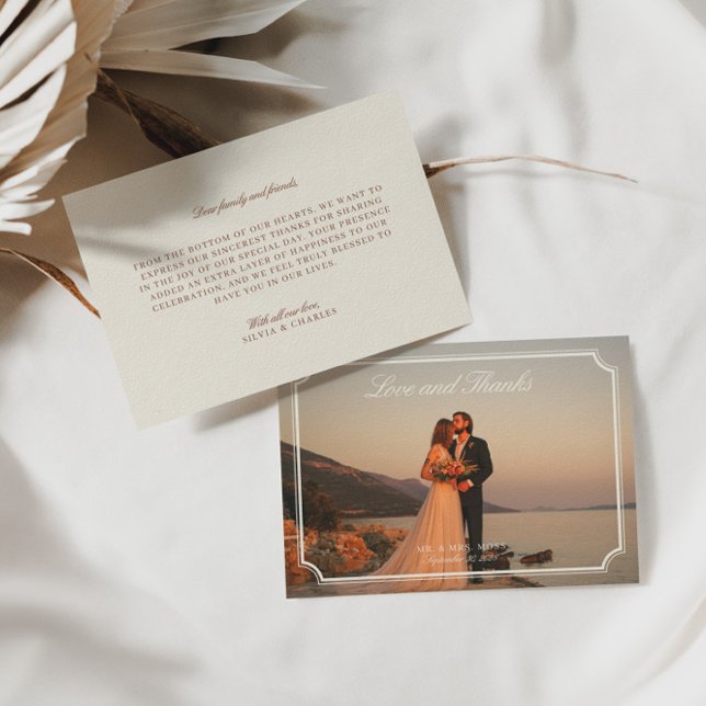 Love & Thanks Elegant Wedding Photo  Thank You Card (Vintage Ecru Wedding Photo Love & Thanks Thank You Card)
