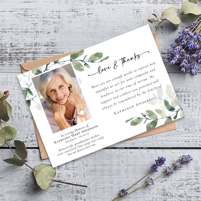 Love & Thanks Eucalyptus Funeral Memorial Photo Thank You Card (Creator Uploaded)