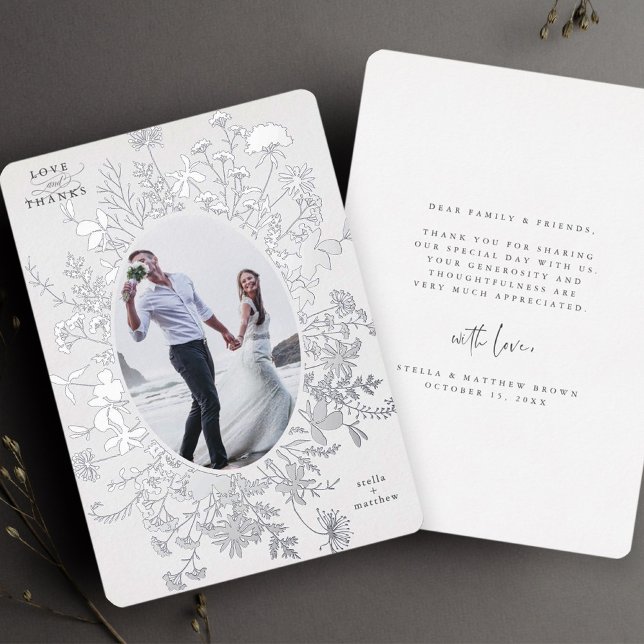 Love & Thanks Floral Silver Foil Thank You Card (Front & Back)