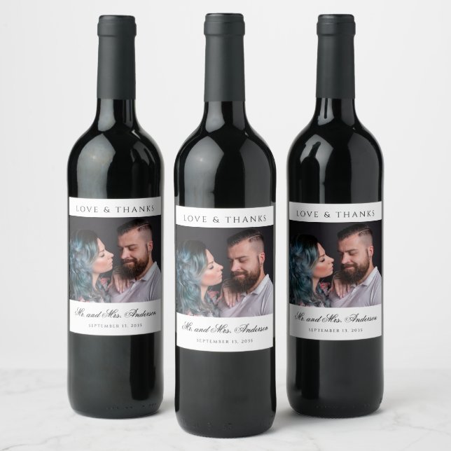 Love & Thanks Formal Black Script Photo Wedding  Wine Label (Bottles)