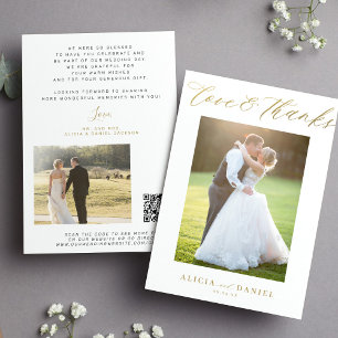 Love thanks gold script 2 photo wedding thank you card