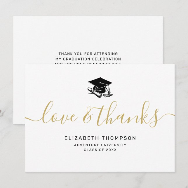 Love Thanks Gold Script Black Grad Cap Graduation Thank You Card (Front/Back)