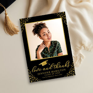 Love & Thanks Graduation Cap Gold Foil On Black Invitation