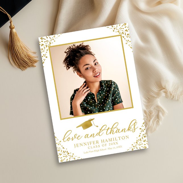  Love & Thanks Graduation Cap Gold Foil On White Invitation (Creator Uploaded)