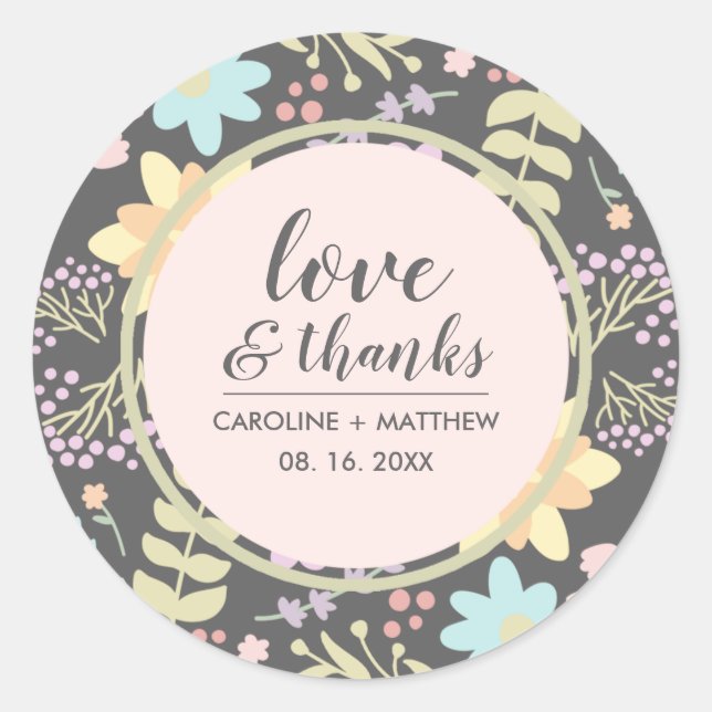 Love & Thanks. Grey Pink Modern Floral Wedding Classic Round Sticker (Front)