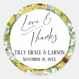 Love & Thanks Handwriting Sunflower Eucalyptus Classic Round Sticker
