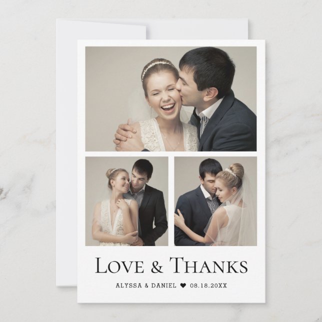 Love & Thanks Heart Modern Wedding Photo Collage Thank You Card (Front)