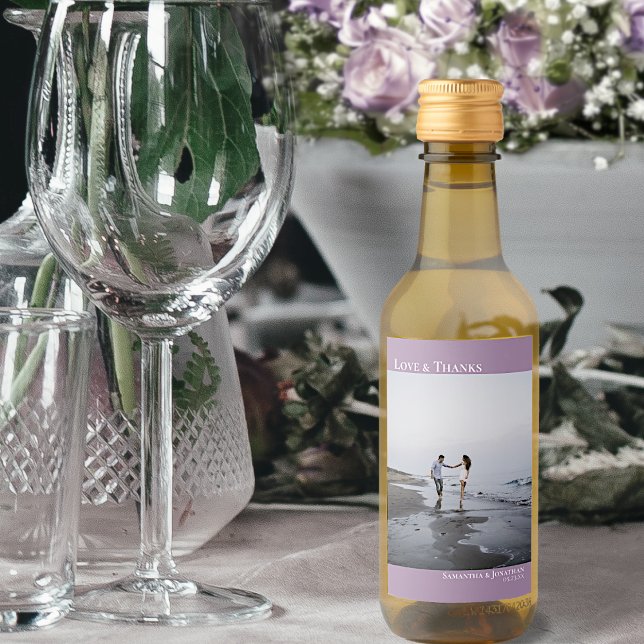Love & Thanks Lavender Simple Wedding Photo Mini Wine Label (Creator Uploaded)