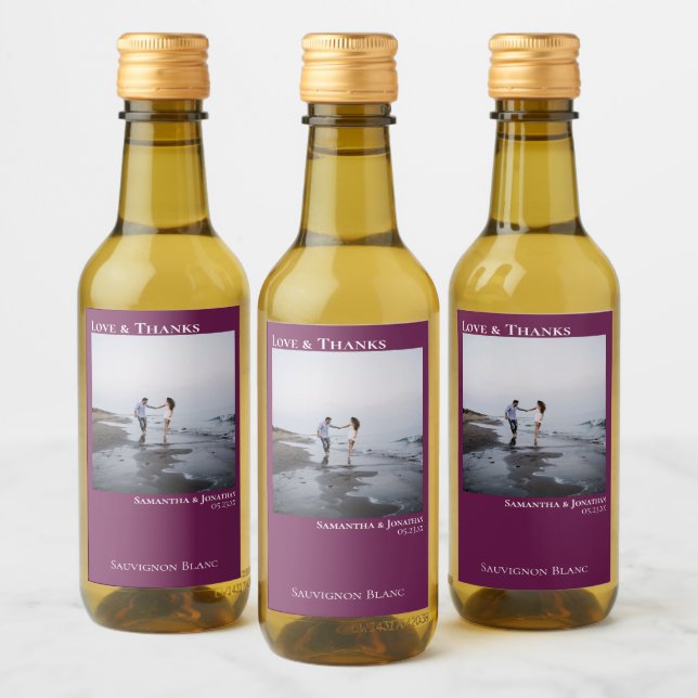 Love & Thanks Magenta or Berry Wedding Photo Mini Wine Label (Bottles)