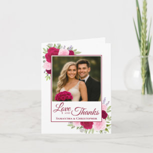 Love & Thanks Magenta Pink Roses Wedding Photo Thank You Card