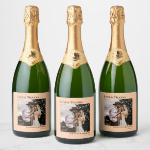 Love & Thanks Minimal Coral Peach Photo Wedding Sparkling Wine Label