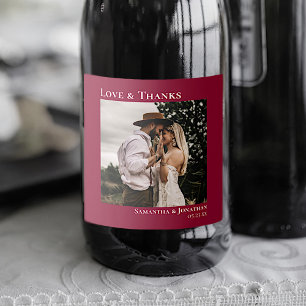Love & Thanks Minimal Cranberry Red Photo Wedding Sparkling Wine Label