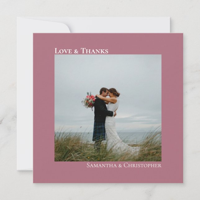 Love & Thanks Minimal Dusty Rose Wedding Photo Card (Front)