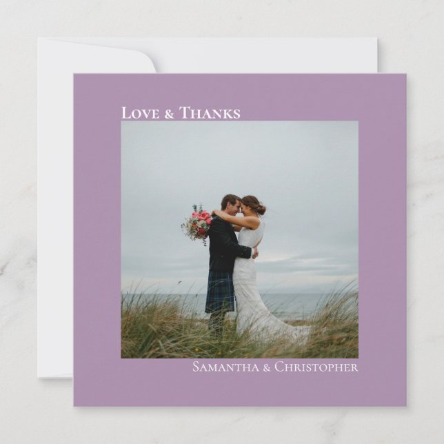 Love & Thanks Minimal Lavender Wedding Photo Card (Front)