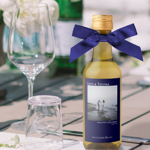 Love & Thanks Minimal Navy Blue Photo Wedding Mini Wine Label